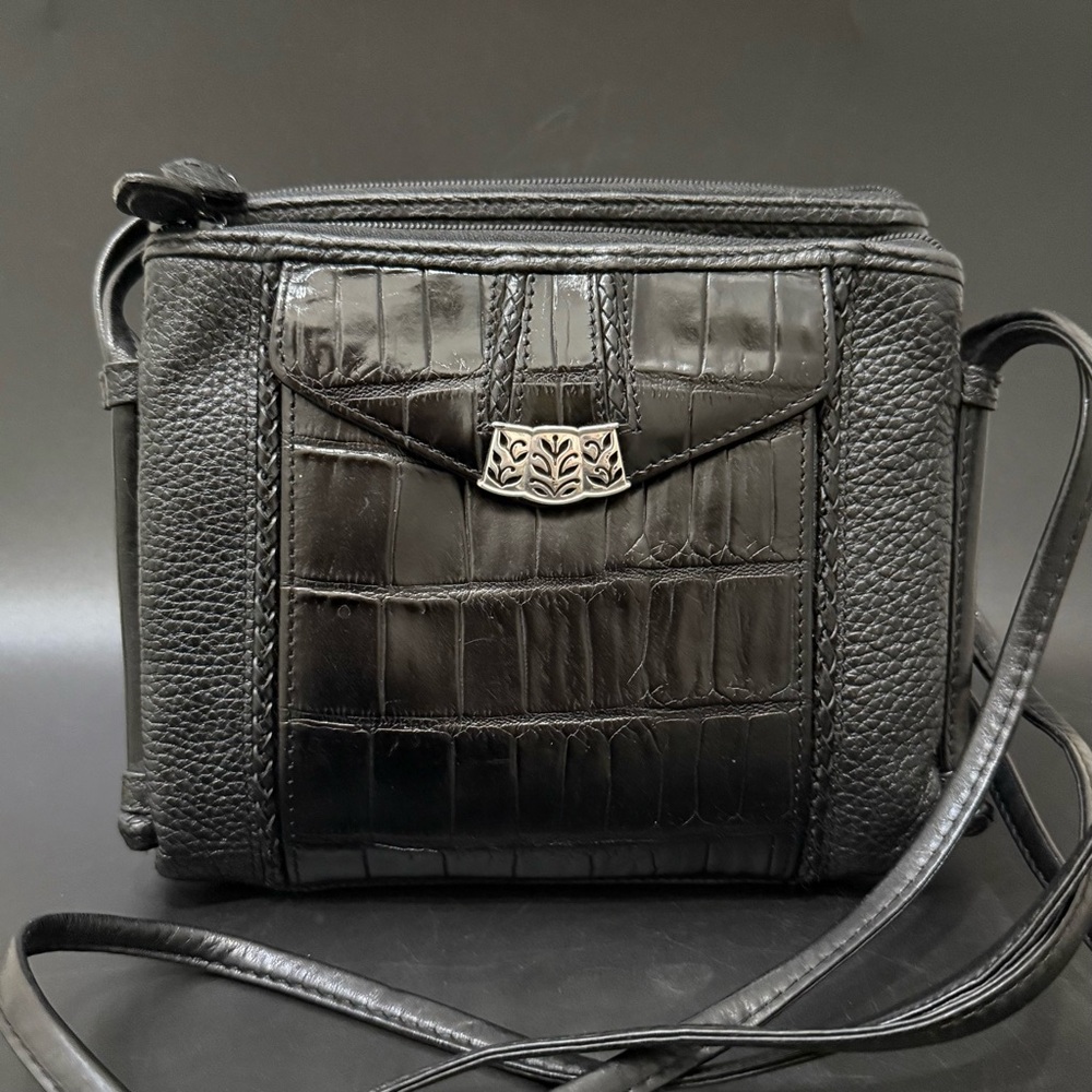 Vintage BRIGHTON Black Croc Leather Double Strap Organizer Shoulder Bag